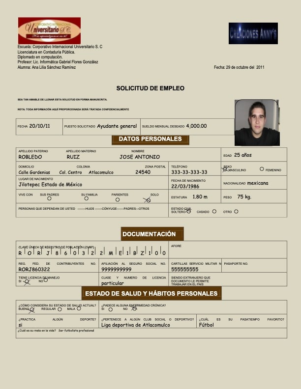 solicitud de empleo llena ejemplo