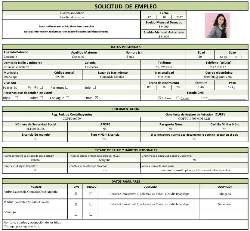 ejemplo de un solicitud de empleo llena
